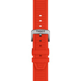 Tissot T-Race MotoGP 2026 45mm T141.462.27.051.00 strap detail – red nitrile rubber strap with standard buckle, motorcycle engine-inspired texture and design
