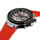 Tissot T-Race MotoGP 2026 45mm T141.462.27.051.00 front view – black skeleton dial, black PVD stainless steel case, brake-disc bezel, carbon composite bezel ring, red rubber strap