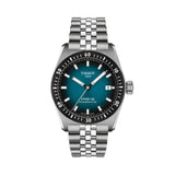 Tissot PR516 Automatic 38mm T149.407.11.041.00 front view – blue gradient dial, PVD stainless steel case, mineral bezel ring, index hour markers, date window, grey stainless steel bracelet