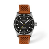 Tissot PR516 Automatic 38mm T149.407.16.051.00 front view – black dial, silver PVD stainless steel case with mineral bezel ring, index hour markers, Super-LumiNova® hands, date window, brown leather strap