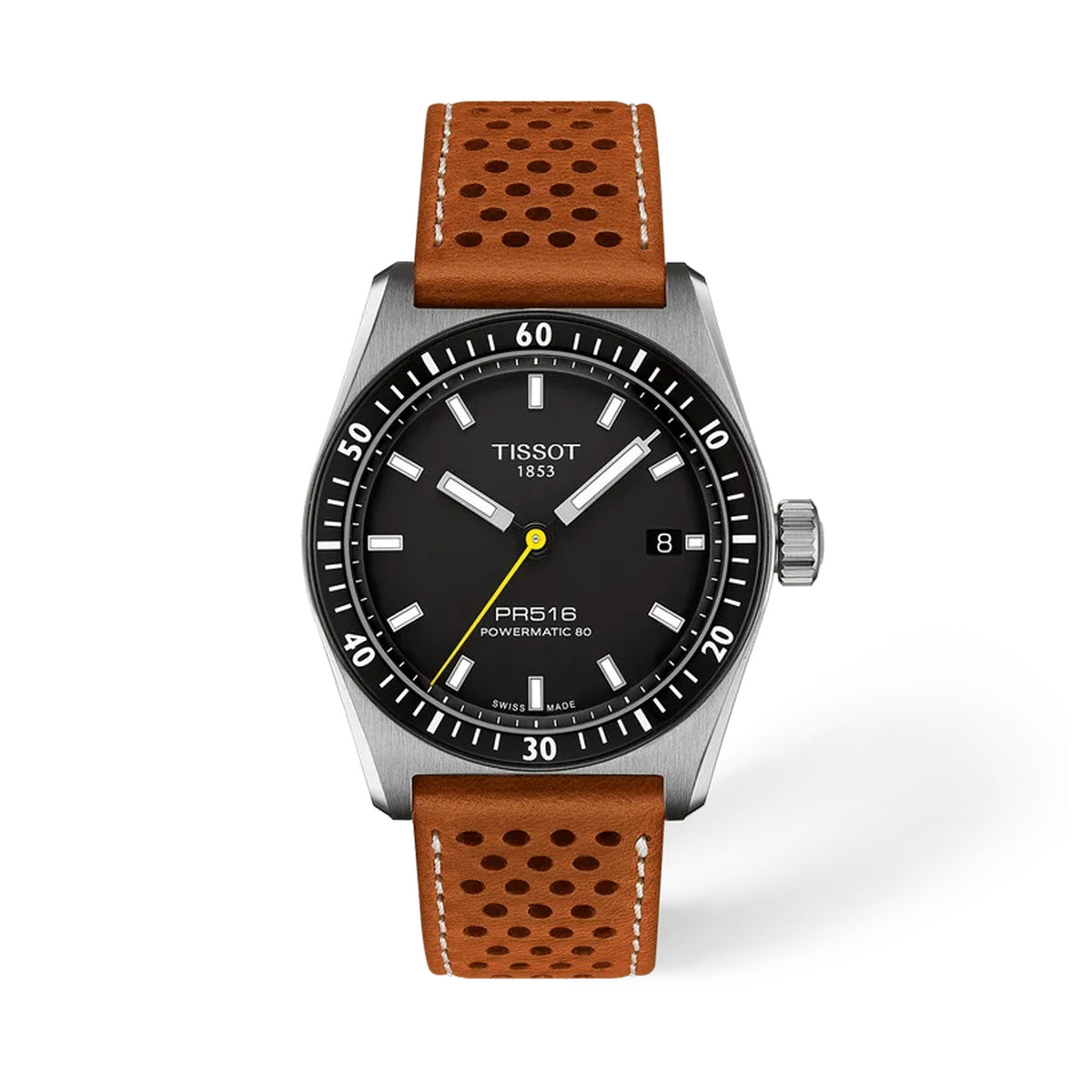 Tissot PR516 Automatic 38mm T149.407.16.051.00 front view – black dial, silver PVD stainless steel case with mineral bezel ring, index hour markers, Super-LumiNova® hands, date window, brown leather strap