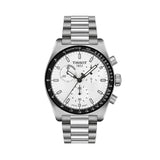 Tissot PR516 Chronograph 40mm T149.417.11.011.00 front view – white dial, PVD stainless steel case, tachymeter bezel, chronograph subdials, date window, grey stainless steel bracelet