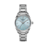 Tissot PR 100 34mm T150.210.11.351.00 front view – ice blue dial, silver 316L stainless steel case, index hour markers, Super-LumiNova® hands, date window, grey stainless steel bracelet