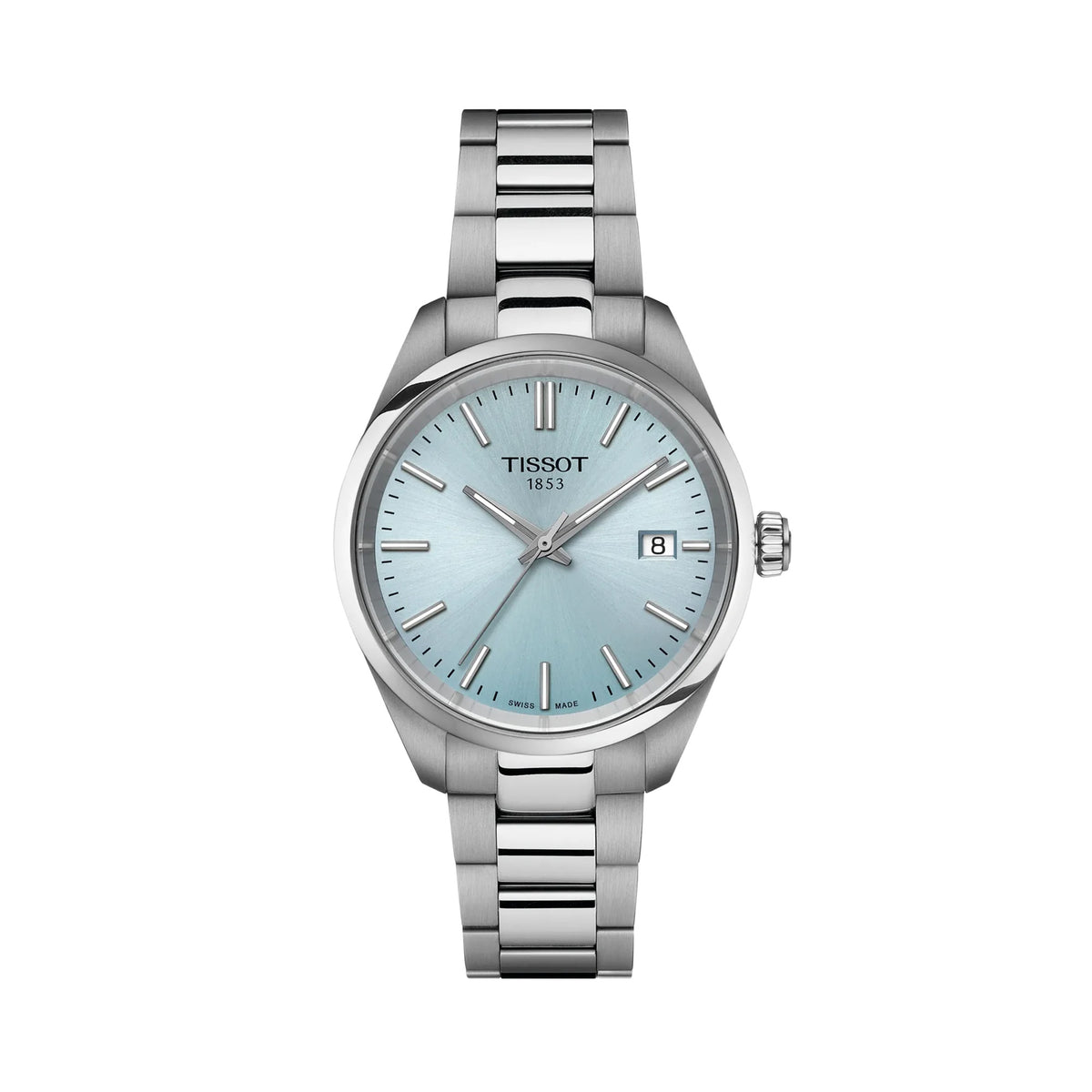 Tissot PR 100 34mm T150.210.11.351.00 front view – ice blue dial, silver 316L stainless steel case, index hour markers, Super-LumiNova® hands, date window, grey stainless steel bracelet