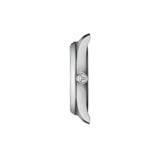 Tissot PR 100 34mm T150.210.11.351.00 side profile – 316L stainless steel case, scratch-resistant sapphire crystal, slim 8.25mm feminine profile, grey stainless steel bracelet