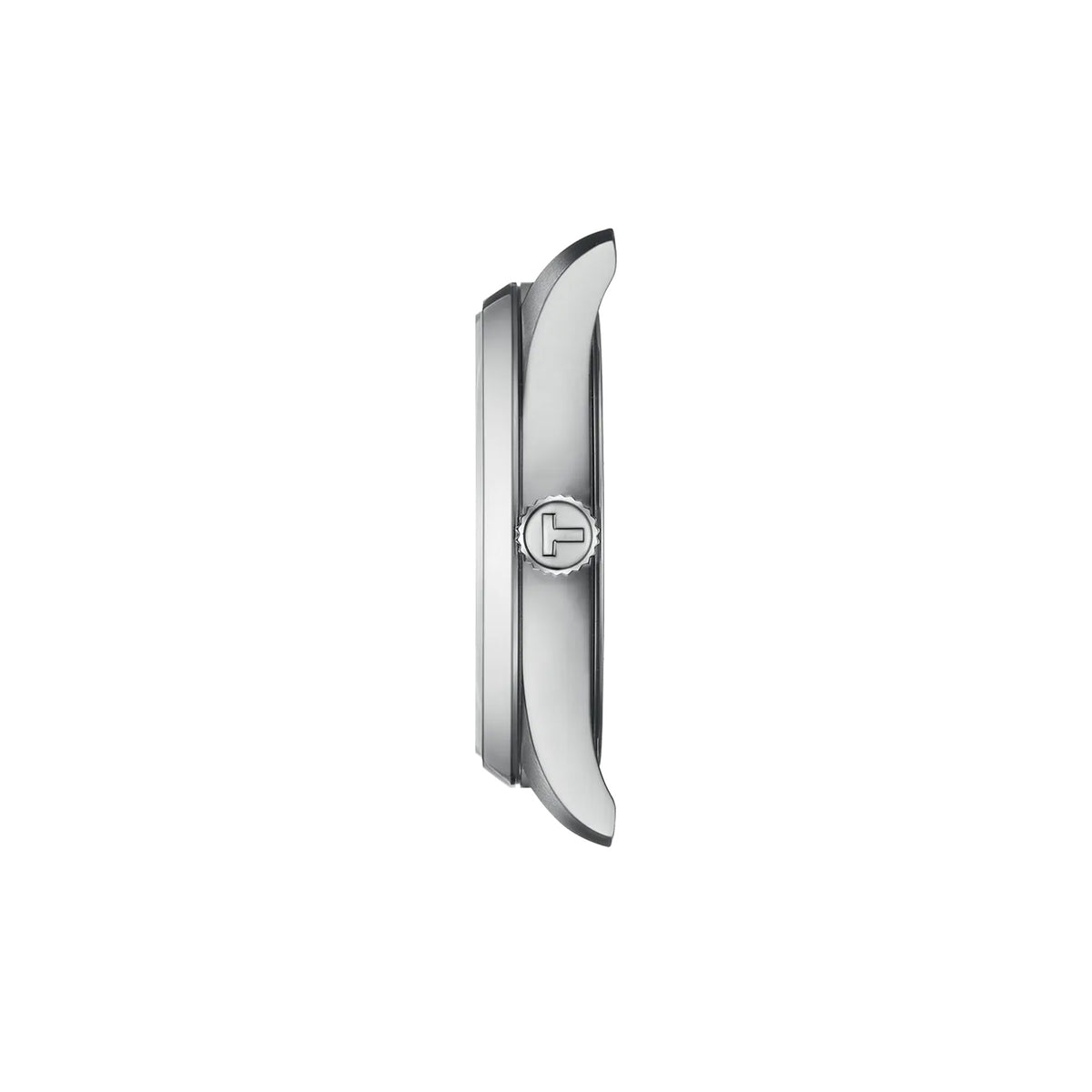 Tissot PR 100 34mm T150.210.11.351.00 side profile – 316L stainless steel case, scratch-resistant sapphire crystal, slim 8.25mm feminine profile, grey stainless steel bracelet
