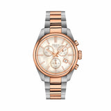Tissot PR 100 36mm T150.217.22.111.00 front view – white mother-of-pearl dial, rose gold and steel PVD case, needle-shaped hands, chronograph subdials, date window, two-tone bracelet