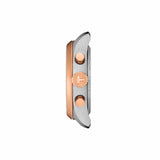 Tissot PR 100 36mm T150.217.22.111.00 side profile – rose gold PVD stainless steel case, sapphire crystal, push-button chronograph crown and pushers, two-tone grey and rose gold bracelet