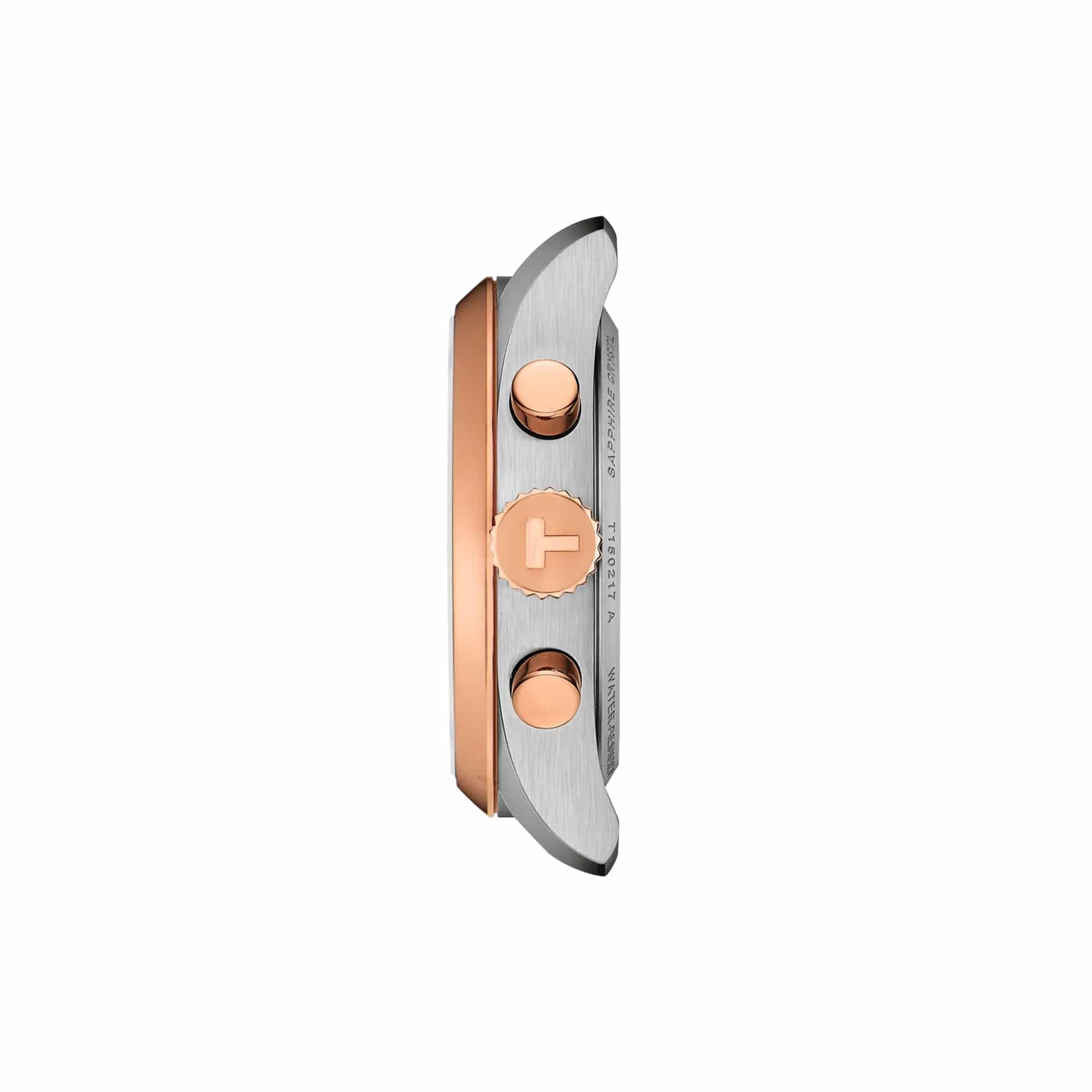 Tissot PR 100 36mm T150.217.22.111.00 side profile – rose gold PVD stainless steel case, sapphire crystal, push-button chronograph crown and pushers, two-tone grey and rose gold bracelet