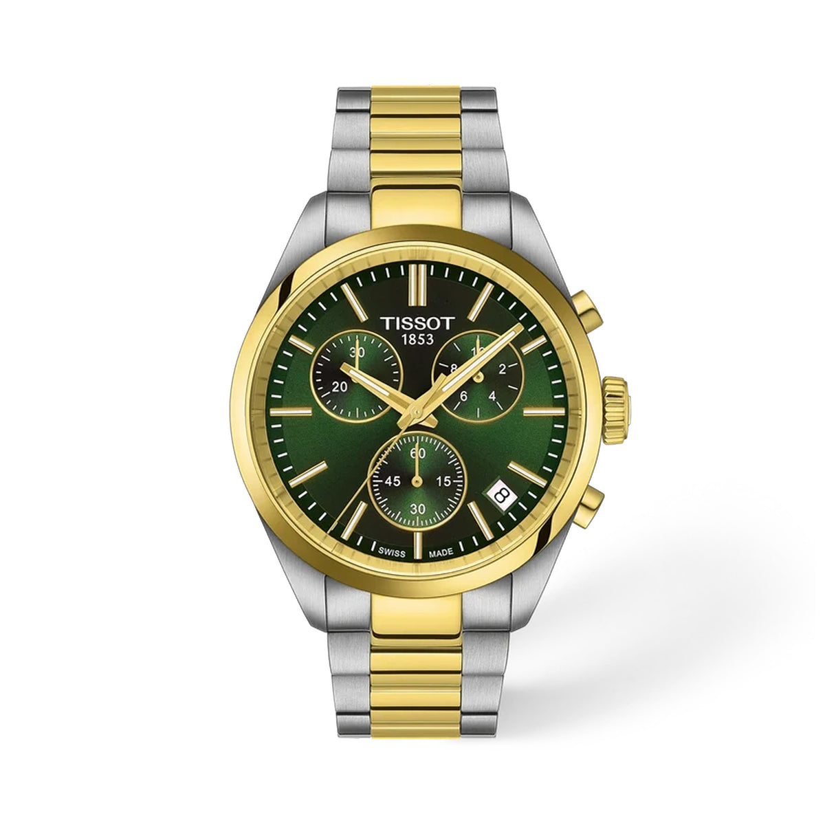 Tissot PR 100 40mm T150.417.22.091.00 front view – green dial, two-tone grey and gold PVD stainless steel case, index hour markers, Super-LumiNova® needle hands, chronograph subdials, date window, two-tone bracelet