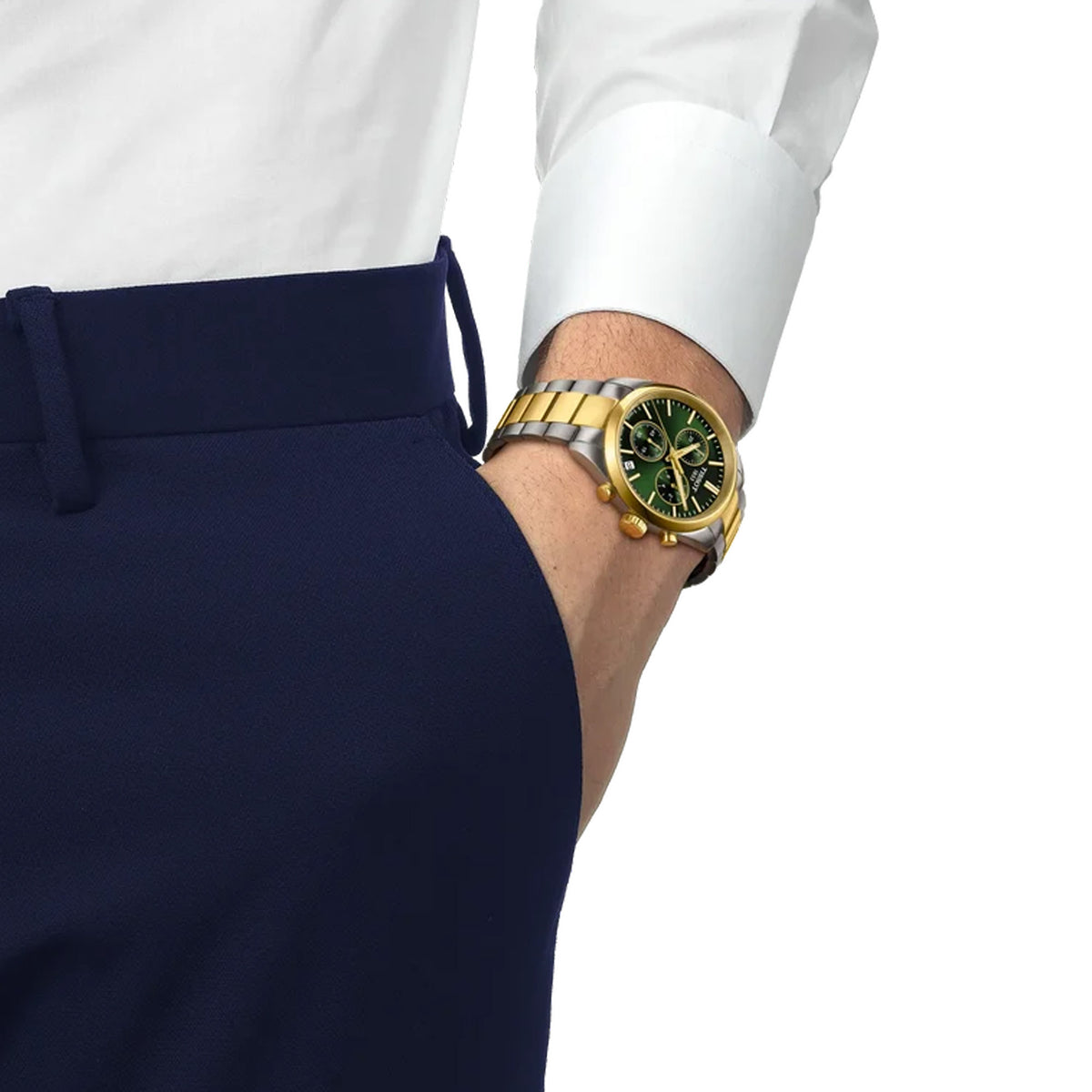 Tissot PR 100 40mm T150.417.22.091.00 worn on wrist – green chronograph dial, two-tone grey and gold PVD case and bracelet, clean 40mm quartz chronograph shown on wrist