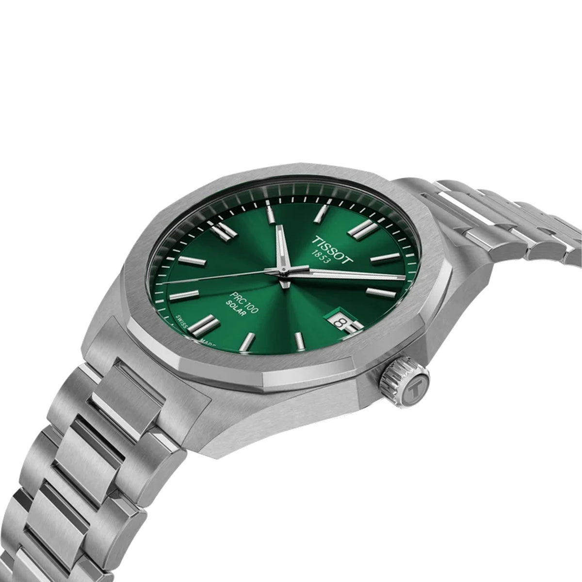 Tissot PRC 100 Solar 39mm T151.422.11.091.00 side profile – 316L stainless steel case, dodecagonal bezel detail, scratch-resistant sapphire crystal, stainless steel bracelet