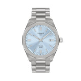 Tissot PRC 100 Solar 39mm unisex stainless steel watch featuring an ice blue dial, silver-tone bracelet, luminous hands and date display.