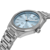Tissot PRC 100 Solar 39mm unisex stainless steel watch featuring an ice blue dial, silver-tone bracelet, luminous hands and date display.