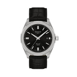 Tissot PRC 100 Solar 39mm T151.422.16.051.00 front view – black dial, silver stainless steel case with dodecagonal bezel, index hour markers, date window at 3 o'clock, black leather strap