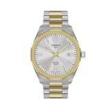 Tissot PRC 100 Solar 39mm unisex watch featuring a silver dial, yellow gold PVD bezel and two-tone stainless steel bracelet.