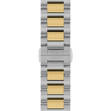 Two-tone stainless steel bracelet with yellow gold PVD accents on the Tissot PRC 100 Solar unisex watch featuring a butterfly clasp design.