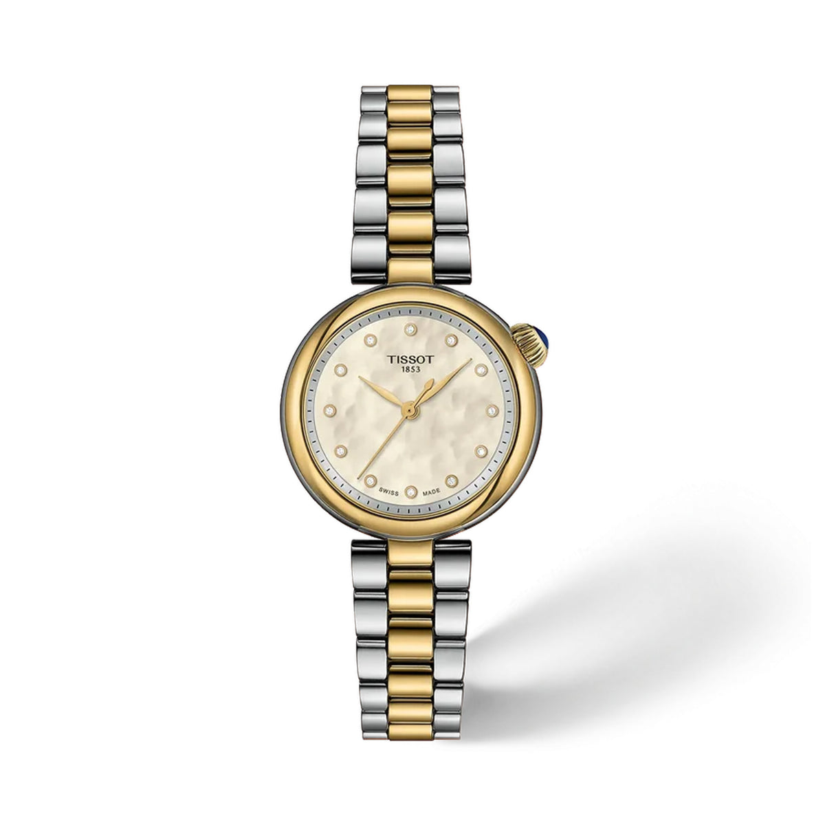 Tissot Desir 28mm T152.010.22.116.00 front view – white mother-of-pearl dial with diamond indexes, bicolour yellow gold PVD domed case, blue cabochon crown, date window, gold PVD bracelet