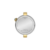 Tissot Desir 28mm T152.010.22.116.00 caseback view – stainless steel with yellow gold PVD coating, Swiss made quartz movement with EOL battery indicator, model reference T152.010.22.116.00
