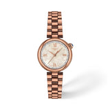 Tissot Desir 28mm T152.010.33.118.01 front view – white mother-of-pearl dial with sparkling outer ring, Roman numerals, rose gold PVD domed case, date window, rose gold PVD bracelet