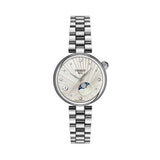 Tissot Désir 29.6mm T152.223.11.036.00 front view – silver striped dial, round stainless steel case, diamond hour indexes, moonphase display, grey stainless steel jewellery-style bracelet