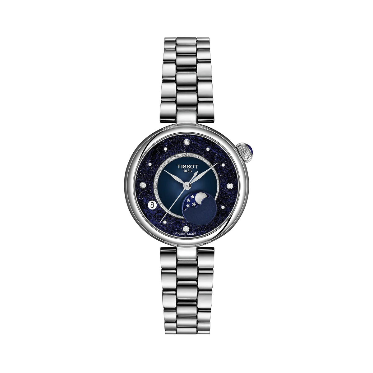 Tissot Désir 29.6mm T152.223.11.496.00 front view – blue and midnight blue dial, round stainless steel case, diamond hour indexes, moonphase display, grey stainless steel jewellery-style bracelet