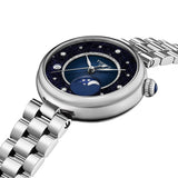 Tissot Désir 29.6mm T152.223.11.496.00 front view – blue and midnight blue dial, round stainless steel case, diamond hour indexes, moonphase display, grey stainless steel jewellery-style bracelet