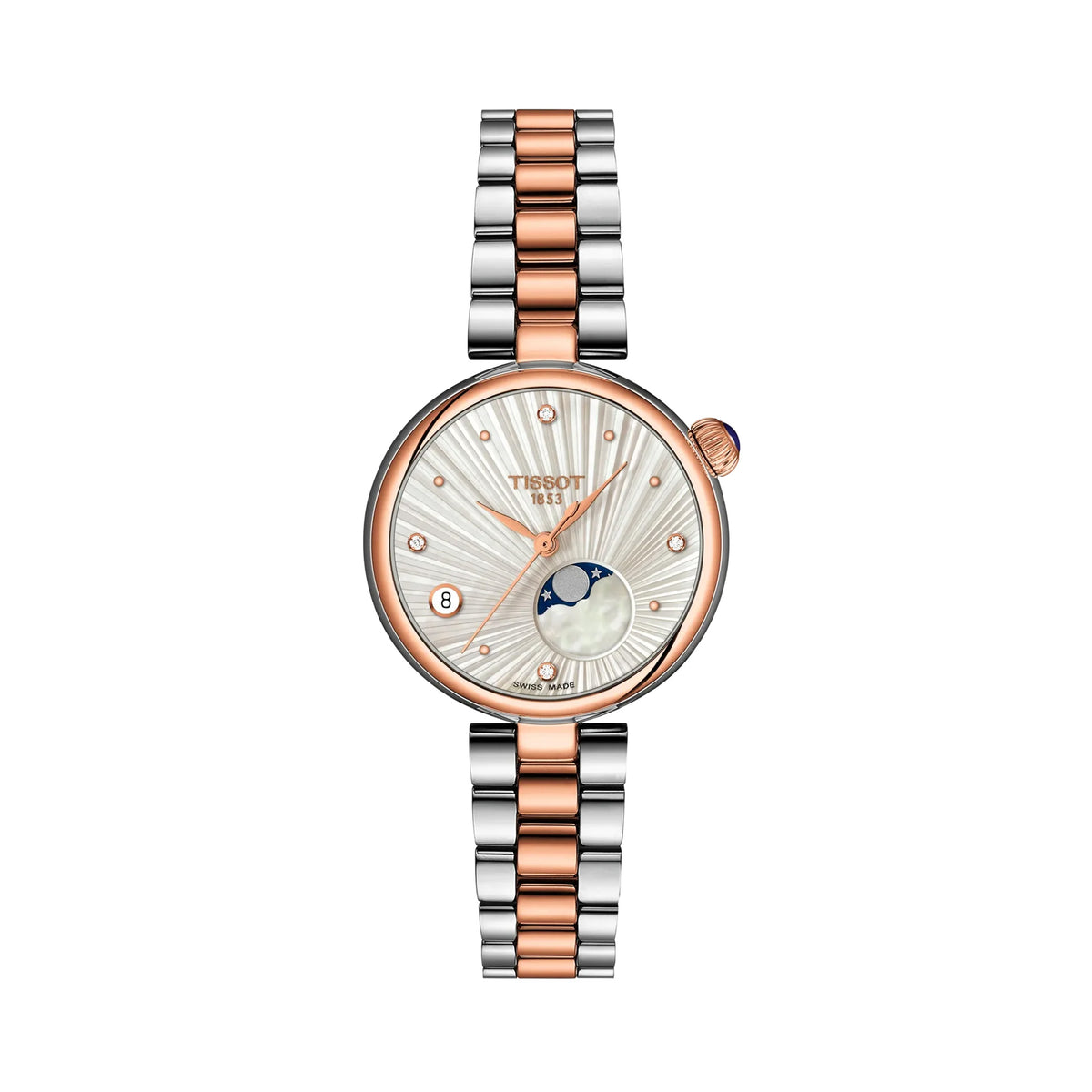 Tissot Désir 29.6mm T152.223.22.036.00 front view – silver striped dial, rose gold PVD stainless steel case, diamond hour indexes, moonphase display, two-tone grey and rose gold bracelet