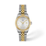 Tissot Ballade 30mm T156.010.22.031.00 front view – silver dial, bicolour 316L stainless steel case with yellow gold PVD, fluted bezel, Super-LumiNova® hands and indexes, date window, two-tone link bracelet