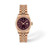 Tissot Ballade 30mm T156.010.33.371.00 front view – burgundy sunray dial, rose gold PVD stainless steel case with fluted bezel, Super-LumiNova® hands and indexes, date window, rose gold PVD link bracelet