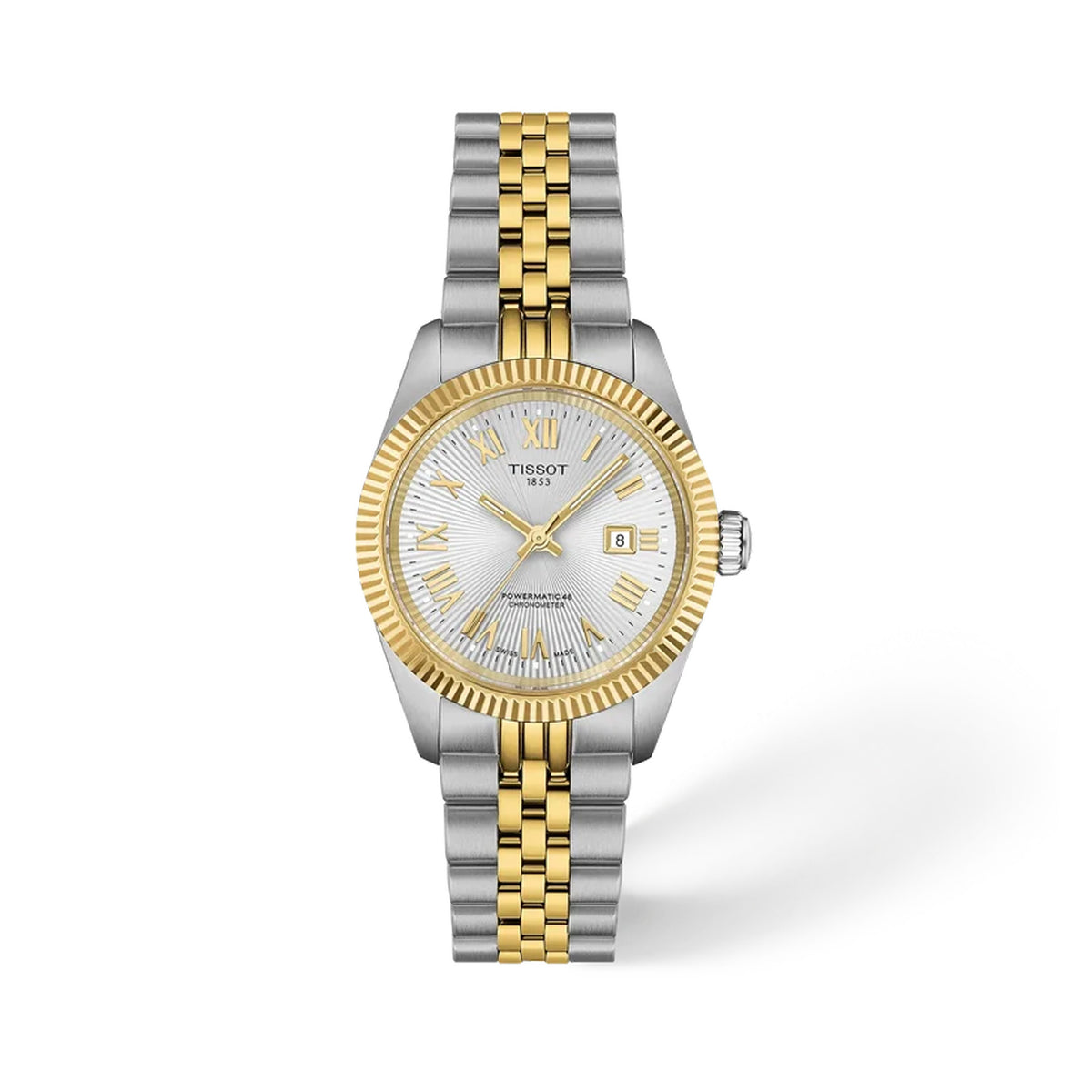 Tissot Ballade Powermatic 48 COSC 30mm T156.208.22.033.01 front view – silver dial, bicolour 316L stainless steel case with yellow gold PVD, fluted bezel, Super-LumiNova® hands and indexes, steel bracelet