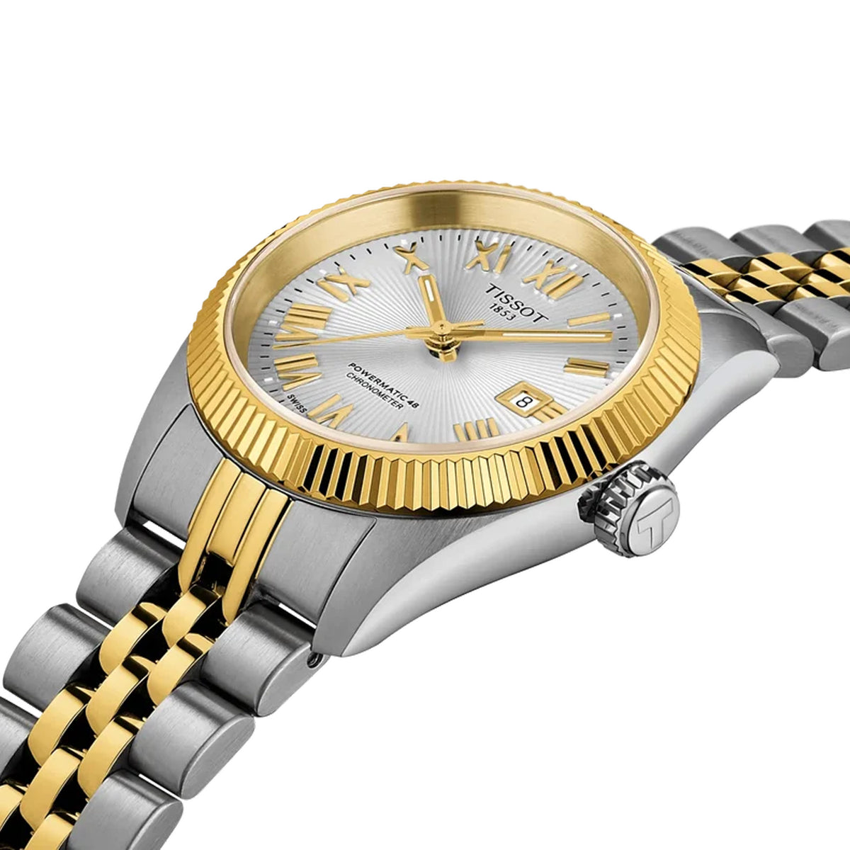 Tissot Ballade Powermatic 48 COSC 30mm T156.208.22.033.01 side profile – bicolour stainless steel case with yellow gold PVD coating, fluted bezel, sapphire crystal with antireflective coating, slim 10.55mm profile