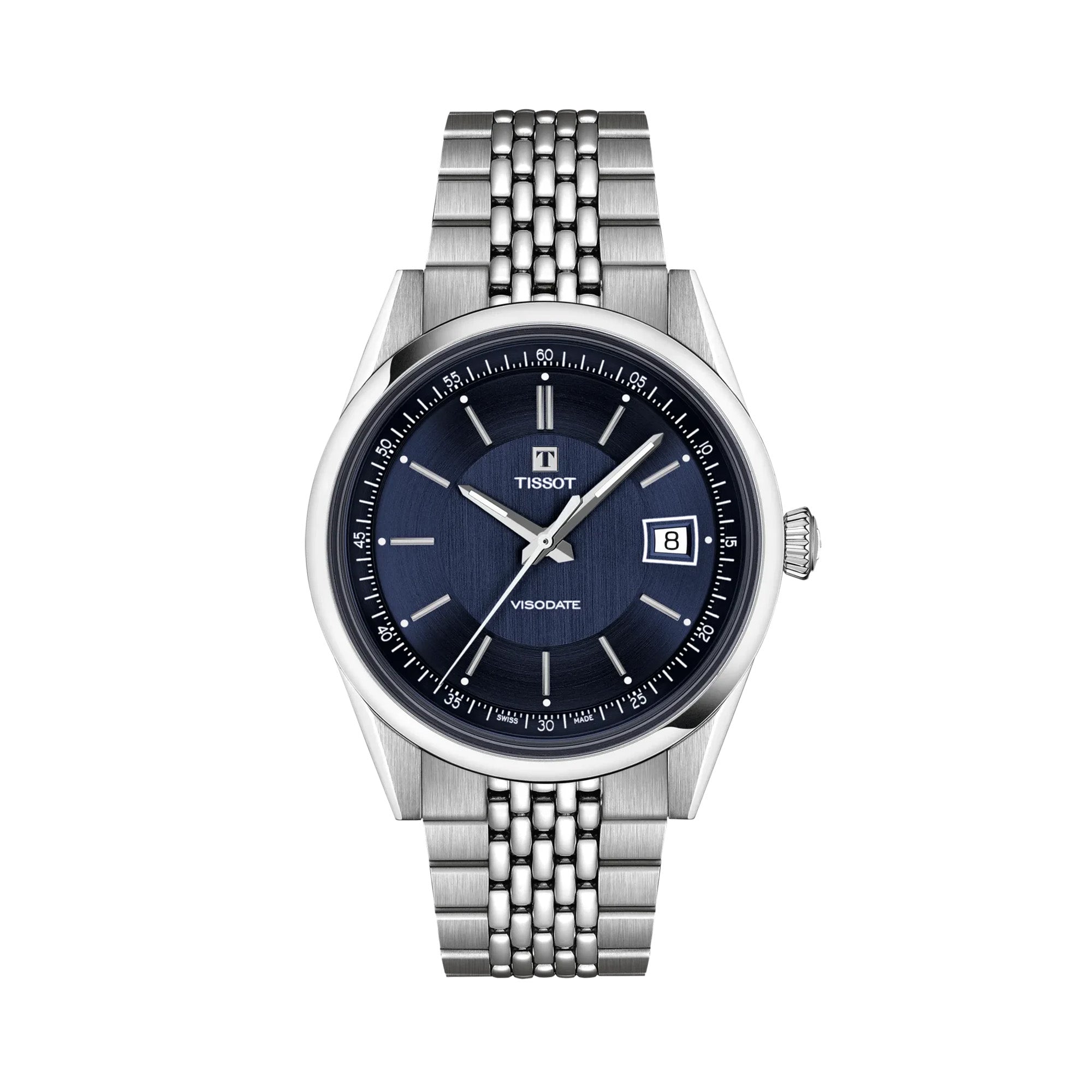 Tissot Visodate 39mm T157.407.11.041.00 front view – deep blue dial, silver stainless steel case, Dauphine hands, index hour markers, date window, grey grains of rice stainless steel bracelet