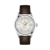Tissot Visodate 39mm T157.407.16.031.00 front view – silver dial with gold indexes, stainless steel case, Dauphine hands, date window, brown crocodile-embossed leather strap