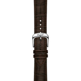 Tissot Visodate 39mm T157.407.16.031.00 strap detail – brown alligator-style grained cowhide leather strap with standard buckle and interchangeable quick-release system