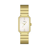 Tissot SRV 30mm T160.110.33.113.00 front view – white mother-of-pearl dial, gold PVD stainless steel rectangular case, Roman numeral indexes, gold PVD metal bracelet
