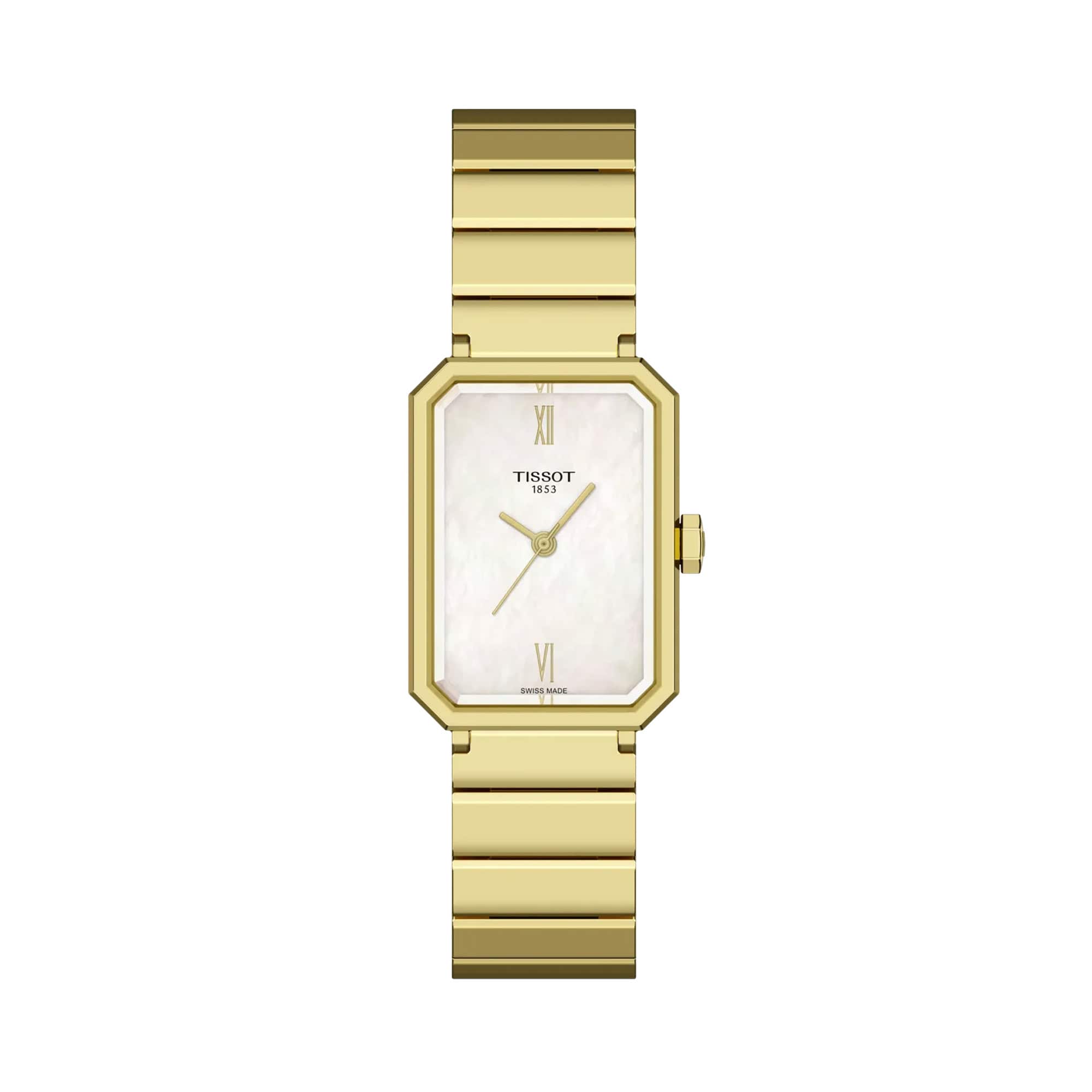 Tissot SRV 30mm T160.110.33.113.00 front view – white mother-of-pearl dial, gold PVD stainless steel rectangular case, Roman numeral indexes, gold PVD metal bracelet