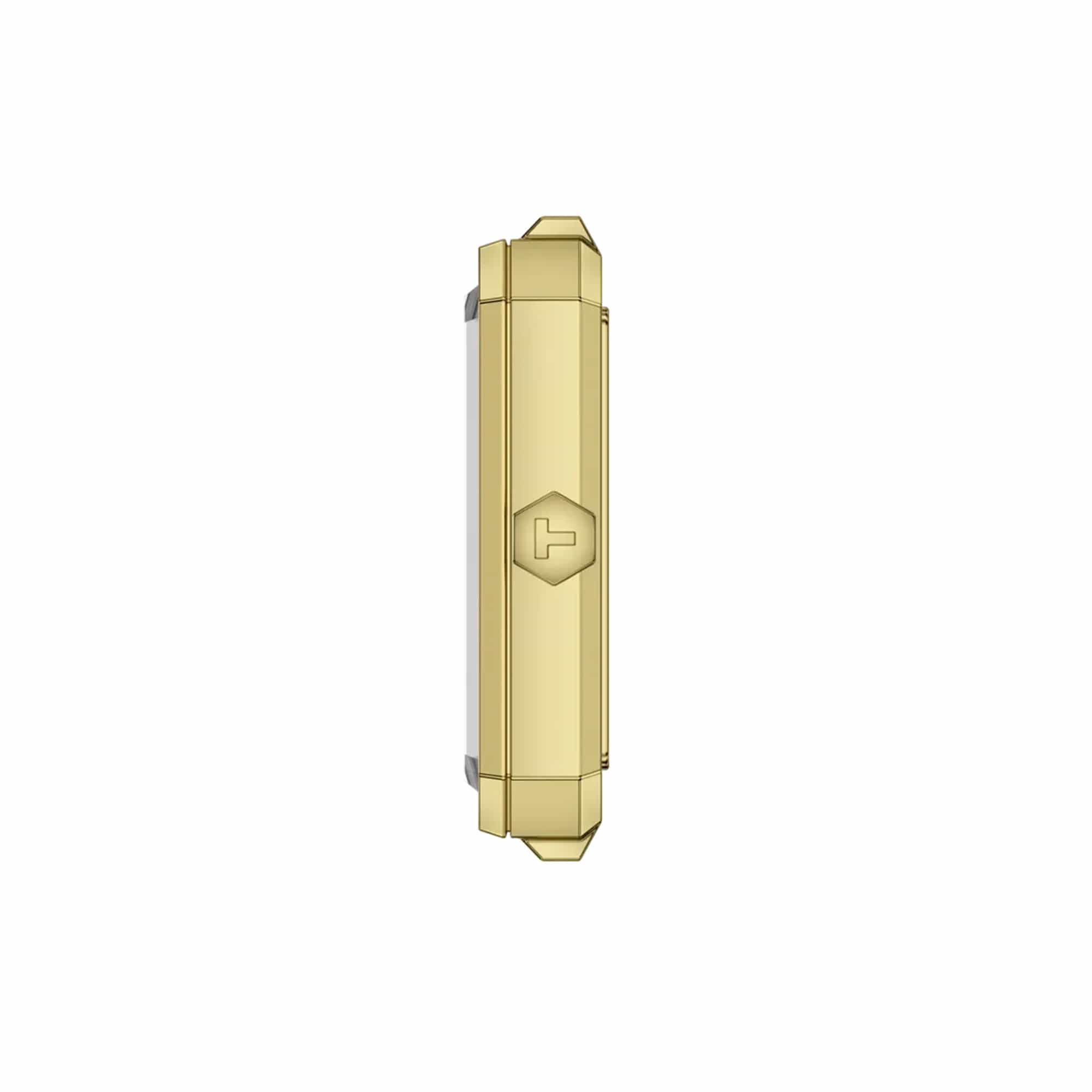 Tissot SRV 30mm T160.110.33.113.00 side profile – gold PVD stainless steel rectangular case, faceted sapphire crystal, slim profile, gold PVD bracelet