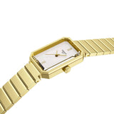 A gold-tone Tissot watch with a rectangular bezel, white mother-of-pearl dial, and a matching gold-tone metal link bracelet, shown on a plain white background.