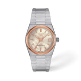 Tissot PRX Gold 35mm T931.207.41.111.00 front view – mother-of-pearl dial, 316L stainless steel case, 18K gold bezel, index hour markers, Super-LumiNova® hands, date window, integrated grey stainless steel bracelet
