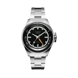 The Timex Atelier Automatic GMT Men's 40mm Watch TW2Y72300 features a black enamel dial with a 24-hour ring and an orange GMT hand for tracking a second time zone.