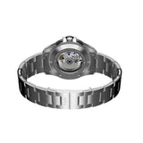 The Timex Atelier Automatic GMT Men's 40mm Watch TW2Y72300 features an exhibition sapphire case back revealing the automatic movement and decorated rotor, alongside a stainless steel bracelet with a butterfly clasp.