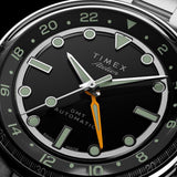 The Timex Atelier Automatic GMT Men's 40mm Watch TW2Y72300 suits frequent travellers and considered everyday dressing alike. The black enamel dial and orange GMT hand bring refined, practical sophistication to any outfit.