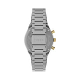The Timex x Harry Potter Time Turner Quartz Chronograph 40mm Watch TW2Y75900 has a fully brushed stainless steel bracelet with quick-release spring bars for easy strap changes. The 18mm bracelet matches the silver-tone case.