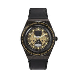 The Timex x Harry Potter Time Turner Quartz 36mm Watch TW2Y76000 has a black and gold-tone dial with star-shaped cutouts and a glittering miniature hourglass at the centre. A black bidirectional bezel printed with the Time-Turner inscription frames the dial.