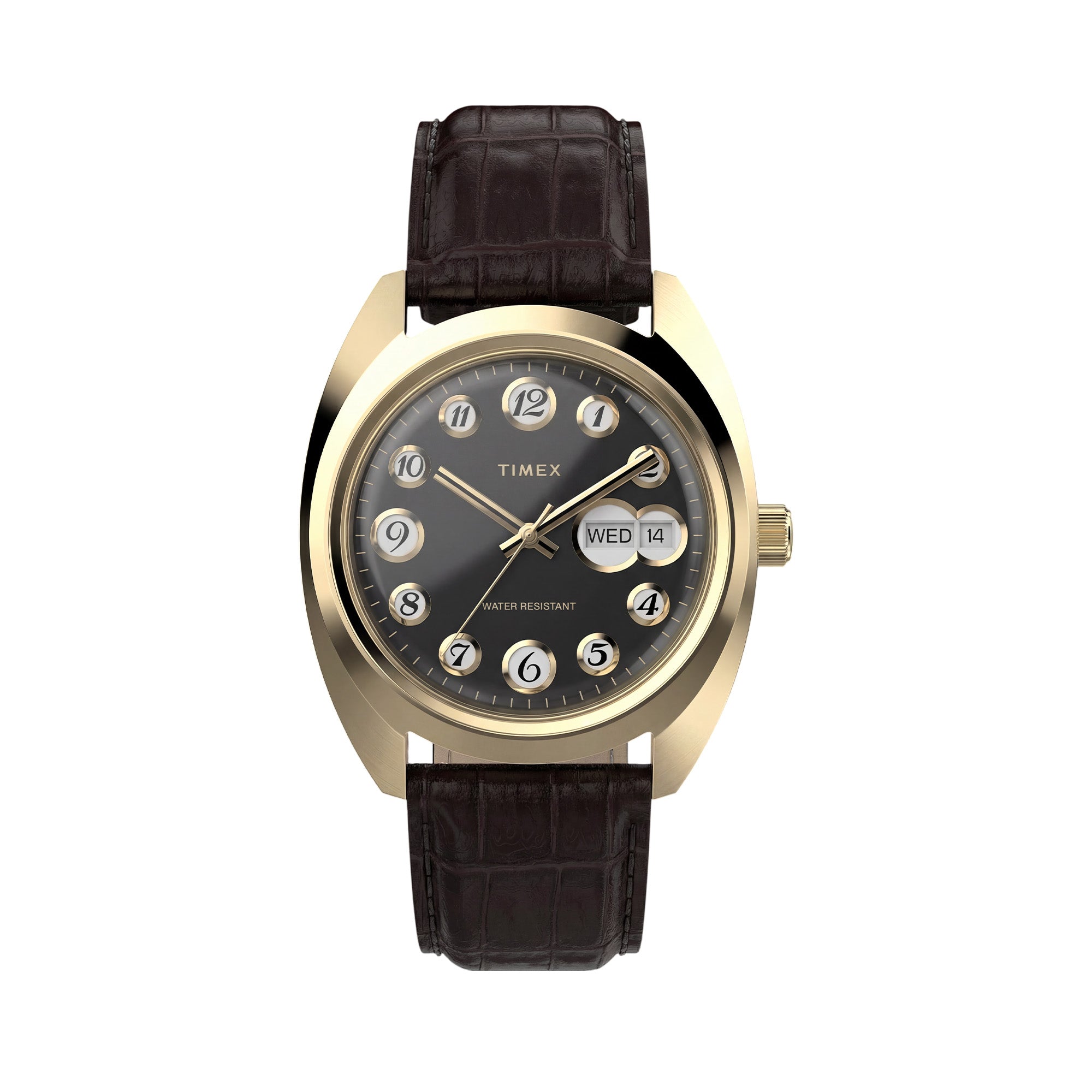 The Timex 1976 Rotary Phone Dial Reissue Quartz 37mm Watch TW2Y82100 features a black dial styled after a rotary telephone face, with gold-tone hour, minute, and second hands.