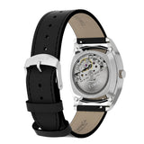 The Timex Marlin Chatham Automatic 36mm Watch TW2Y84300 has a black leather strap sourced through the Leather Working Group. It closes with a silver-tone pin buckle and has quick-release spring bars for easy strap changes.