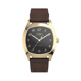The Timex Marlin Chatham Automatic 36mm Watch TW2Y84500 has a black dial with applied gold-tone Breguet-style Arabic numerals and gold-tone hands. A polished gold-tone cushion case frames the dial.