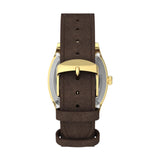 The Timex Marlin Chatham Automatic 36mm Watch TW2Y84500 has a brown leather strap sourced through the Leather Working Group. It closes with a gold-tone pin buckle and has quick-release spring bars for easy strap changes.