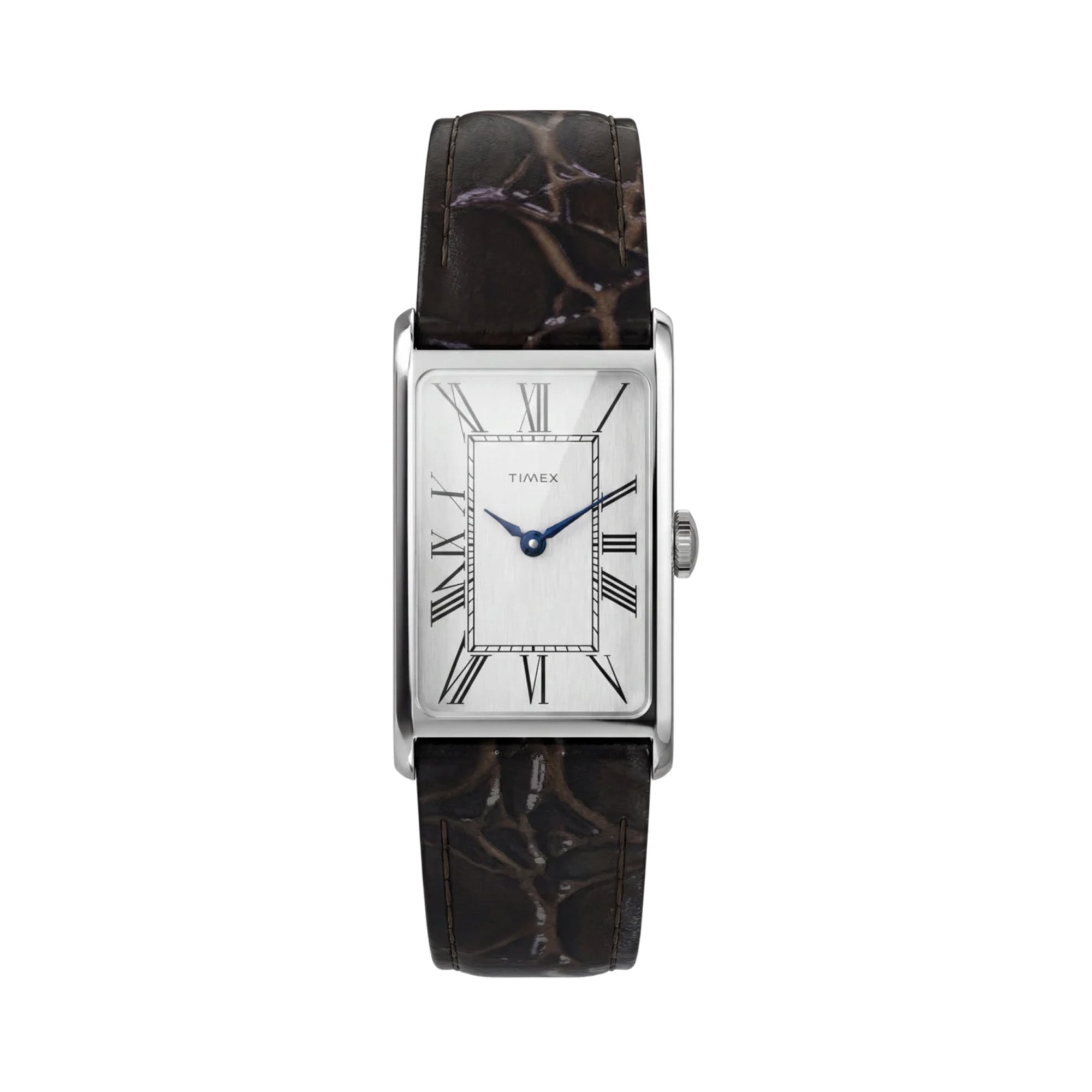 The Timex Lexington Quartz 21mm Watch TW2Y88200 features a silver dial finished with vertical brushing, elongated Roman numerals, and metallic blue hands for a subtle pop of contrast.
